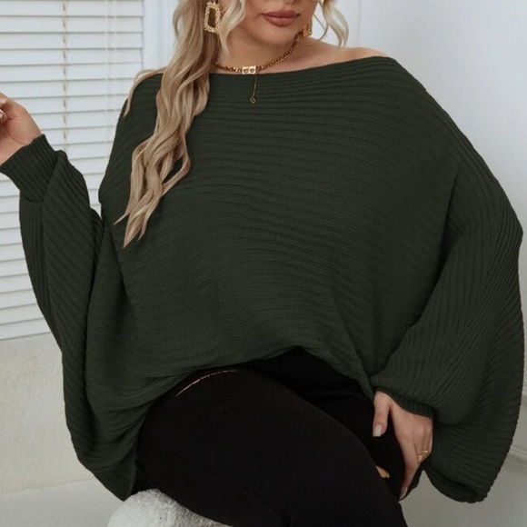 Black plus size dolman sleeve ribbed knit sweater - Picture 13 of 16